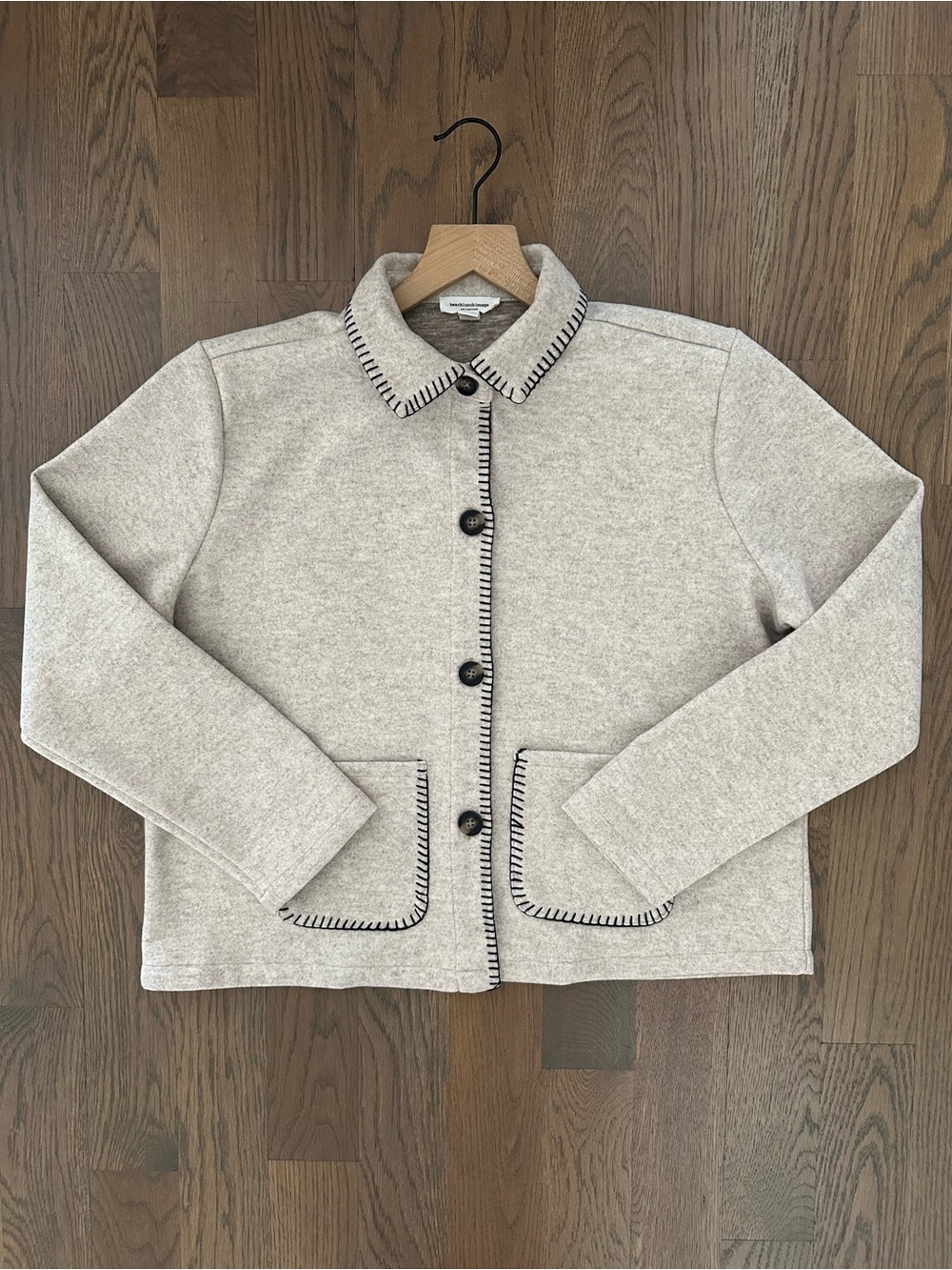 BeachLunchLounge Collared Long Sleeve Blanket Stitch Jacket in Oatmeal Medium